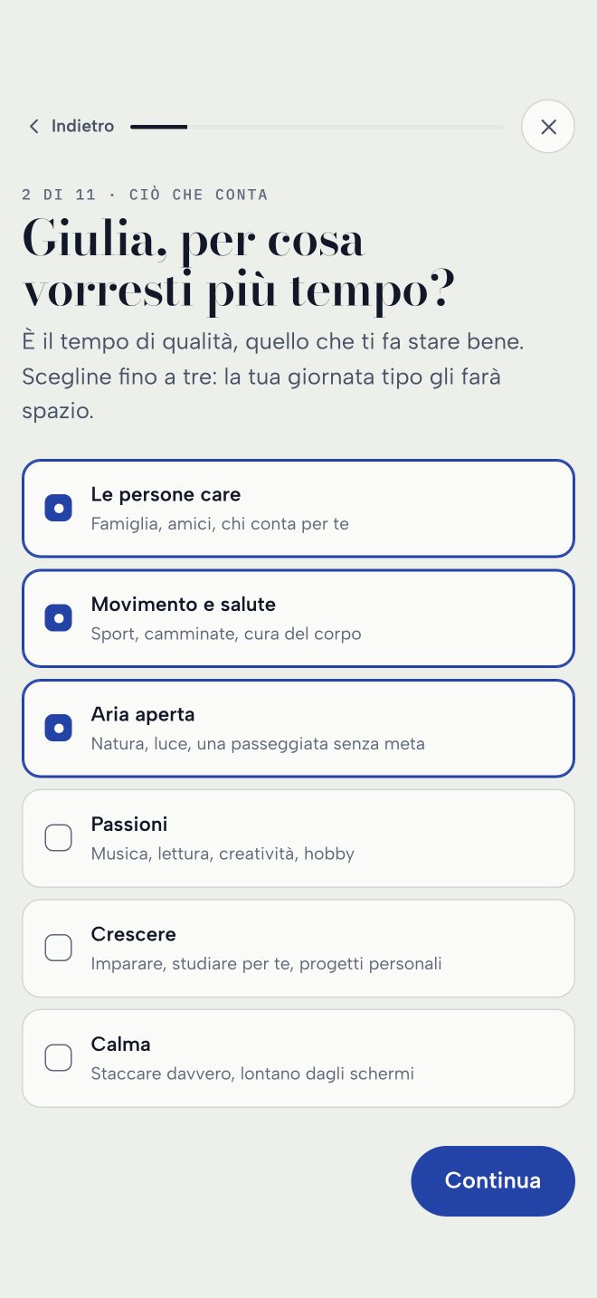 La domanda del questionario: per cosa vorresti più tempo?